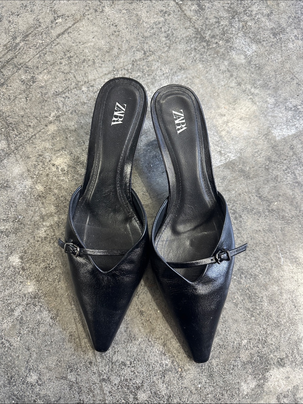 ZARA Black Pointed Leather Mules with Thin Strap kitten heels